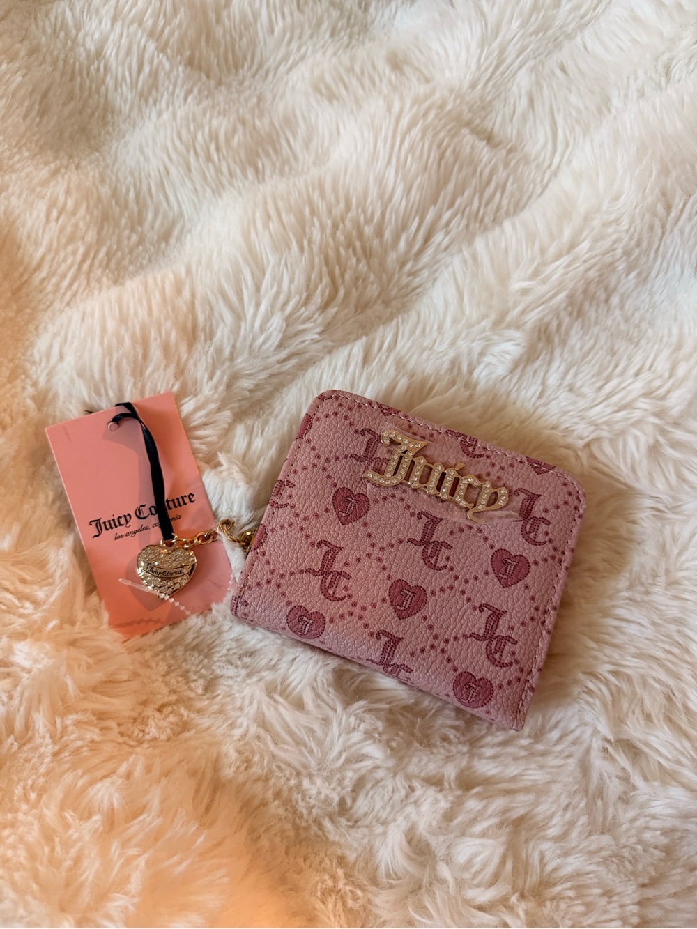 Juicy Couture Dusty Pink Logo Heart Zip Wallet with Gold Plaque
